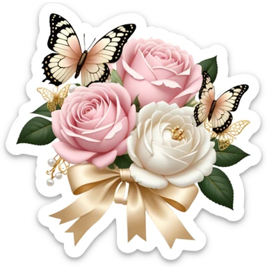 A vintage-inspired wedding bouquet of blush pink roses and fluffy white peonies, tied with an intricate ivory satin ribbon, surrounded by golden filigree accents and soft-focus pearl butterflies fluttering around. sticker