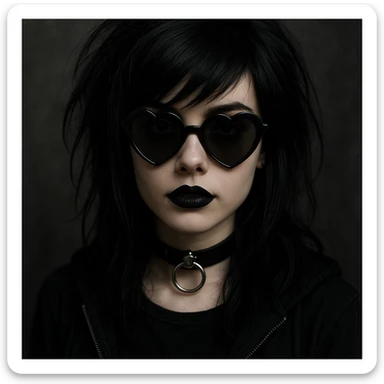 emo girl with heart-shaped sunglasses, dark hair, mysterious vibe sticker