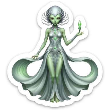 alien woman light green skin in silver dress, full body  sticker