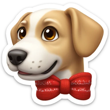 A cute dog wearing a Christmas sweater on and has a red bow beside there left ear sticker