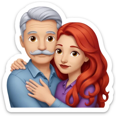 Long red hair woman and young gray hair man with mustache hugging sticker