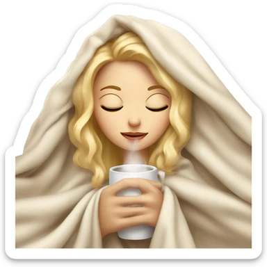 blonde girl inside a blanket sipping coffee eyes closed sticker
