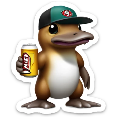 cartoon platypus in a white 49ers cap holding a beer can sticker