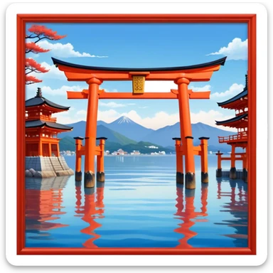 ​Cinematic Realistic Itsukushima Shrine, depicted as the iconic floating torii gate and shrine complex on the water, with vibrant vermilion hues contrasting against the serene blue sea and sky, rendered with intricate architectural details and soft, ethereal lighting that captures its spiritual beauty, sticker