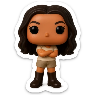 Enhance the quality of the image with smooth tanned skin and a healthy glow, dark hair with subtle auburn highlights, even darker leather boots, textured clothing (cream top, greige bottom), arms crossed, rosy cheekbones, very subtle freckles, no neck visible, eyebrows with a mischievous and playful expression, no mouth, transparent background. Maintain the original style and details from the reference image. sticker