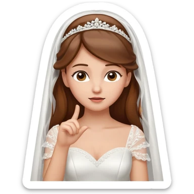 brown-haired bride in a white wedding dress and veil, curious expression, pointing to her head with her index finger, cute emoji style. sticker