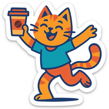 expressive illustration of a dancing cat holding a coffee, vivid colors sticker