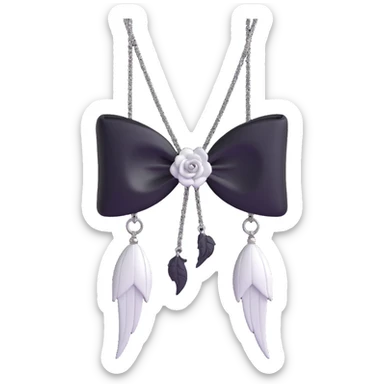 3D emoji gothic bow, white leather, silver chain fringe, black rose center sticker