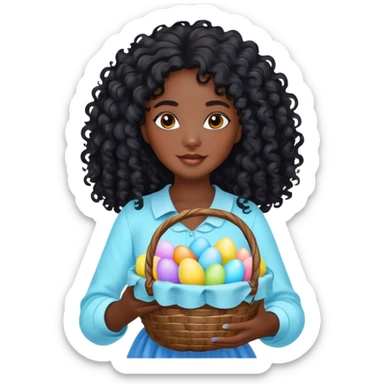 Easter long curly black hair and black skin woman with a light blue basket with eggs on it sticker