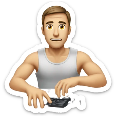 A guy typing keyboard with stress face at front camera and sweating sticker
