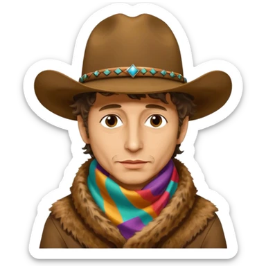realistic cinematic Bob Dylan profile portrait with dirty cowboy hat on head and colorful silk scarf around neck, fur coat - Desire album cover sticker