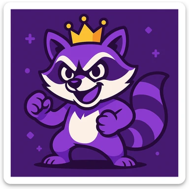 cartoon raccoon with a crown, playful and competitive, purple and white color scheme, Twitch-inspired sticker