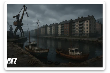 a screenshot of the game DayZ videogame, the harbor in a Norwegian port town, apartment blocks sticker
