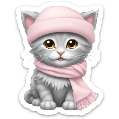 fluffy gray winter kitten with pale pink christmas hat and pale pink scarf sticker