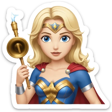 Blonde blue eyed Wonder Woman holding white orchestra conductor’s baton and bell sticker
