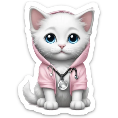 White rag doll kitten wearing a fancy light pink hoodie and grey stethoscope covered with diamonds sticker