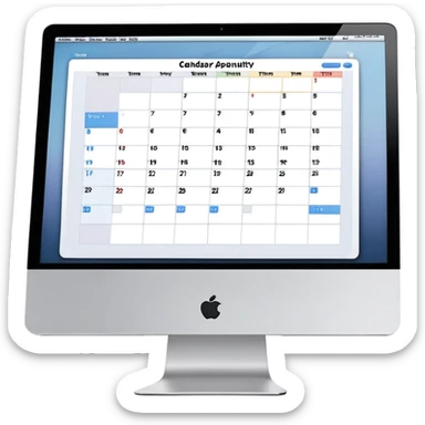 front-facing iMac displaying a day view calendar with time slots and several booked appointments sticker
