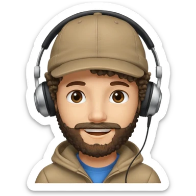 curly haired with headphones in and beard boy with cap sticker