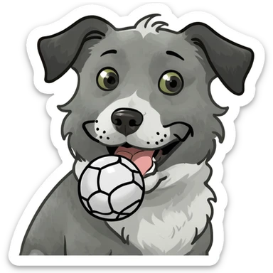 Grey white and black curly fur dog with ball in mouth sticker