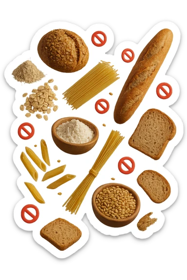 cereali, pane, pasta e farine realistici fluttuano in aria con piccoli divieti 3d, IPERREALISTICO 4K sticker