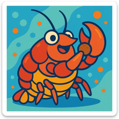 fat crayfish eating a pellet, vibrant and playful style, fun and colorful illustration sticker