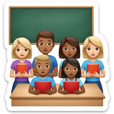 five diverse people with laptops and books in a classroom sticker