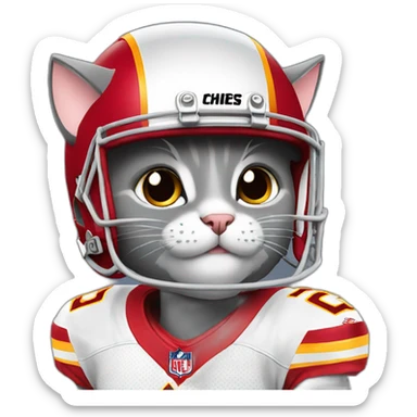 cute grey cat wearing a Kansas City Chiefs helmet sticker