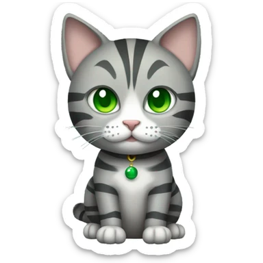 A striped grey cat with green eyes with New Year's ball sticker