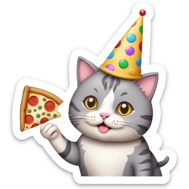 cat with a party hat, confetti around, holding a slice of pizza, college party vibe sticker