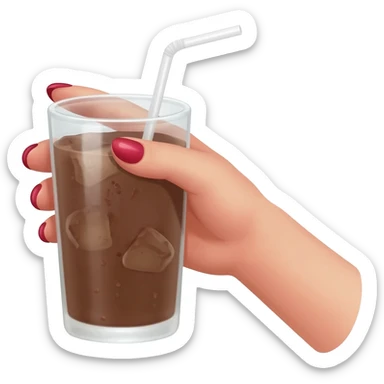chocolat froid dans un grand verre avec une paille tenue par le bout d'une jolie main de femme avec une belle manucure Style Pinterest réaliste Avec une bordure blanche rendu ultra réaliste sticker