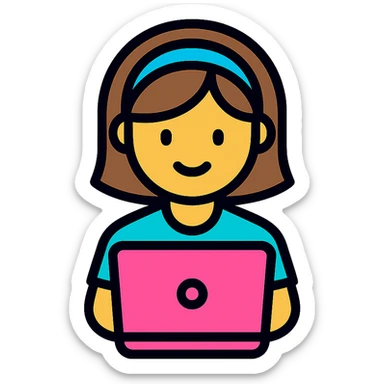a girl with a pink laptop, color outline icon style sticker