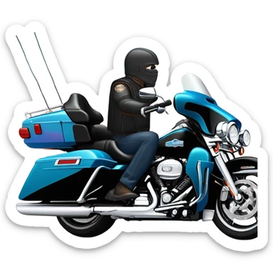 angled frontend view of a harley davidson electra glide ultra classic with big blue pearl and vivid black two color paint scheme with recurve windshield, a radio antenna and a citizen's band radio antenna and an older white man without a helmet sitting on the front seat. sticker