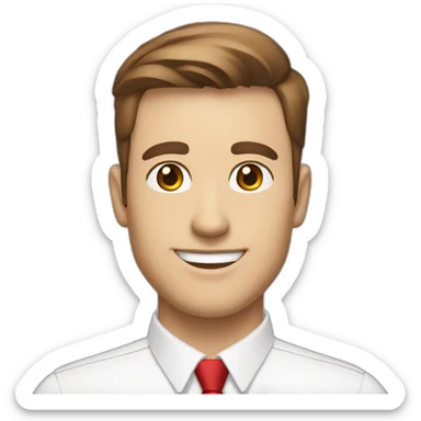 profile picture of man with long round smiling face, brown eyes and short brown hair in a white colared shirt and red tie sticker