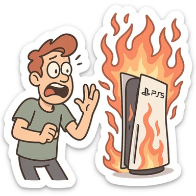 PlayStation 5 with fire effects, dynamic, energetic, cartoon style sticker