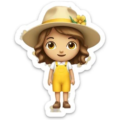 white skin, Girl with a flower in her hand, with a hat, shoulder-length brown straight hair, wearing a yellow pastel jumpsuit with white shirt in it sticker