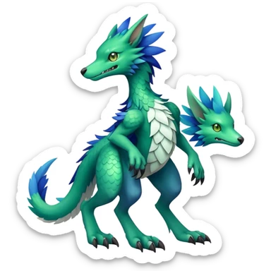 Cute cool fantasy animal hybrid Sergal-Digimon-Fakemon full body, green scales, brown eyes, blue feathers sticker
