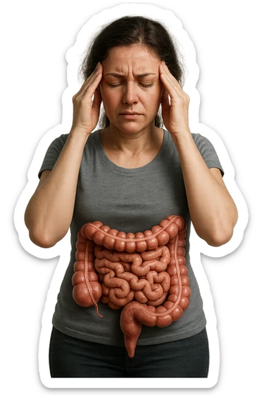 donna con  espressione ansiosa che si tocca le tempie con gli occhi chiusi, intestino anatomico visibile, iperrealistiche 4k sticker