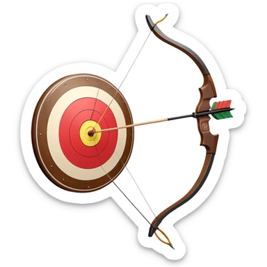 A professional recurve bow with an arrow nocked, ready to be released. The target features concentric rings, placed at a distance. The emphasis is on the bow, arrow, and target, highlighting the precision, focus, and skill involved in competitive archery. sticker