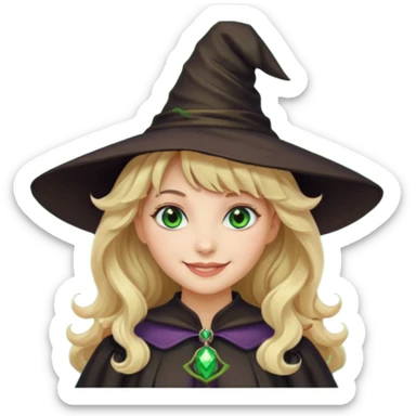 Mulher, branca, cabelos loiros e ondulados com uma franja, olhos verdes e roupa e chapéu de bruxa sticker