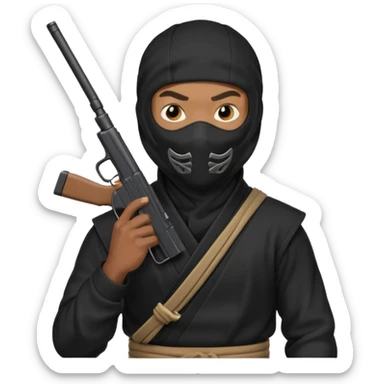 A black male in a ninja mask with a gun sticker