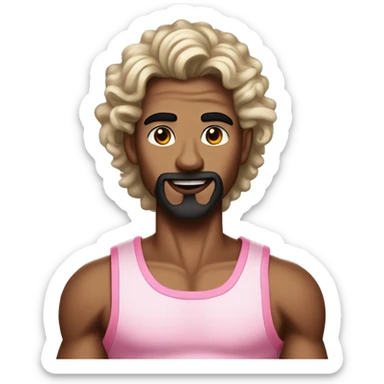tanned, skinny, feminine-looking young man with long curly black hair, a devil-like chin beard, a big nose, black lipstick and wearing a pink tanktop sticker