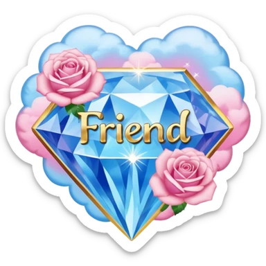 a heavenly pink and blue clouds covering diamonds with beautiful roses and petals and a text that says''Friend'' sticker