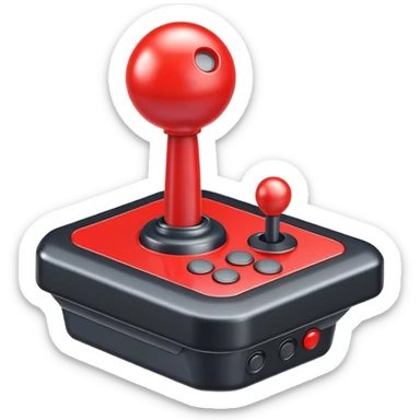 A colorful arcade joystick with red stick and buttons sticker
