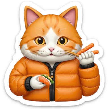 cat wearing a puffy jacket and eating sushi sticker