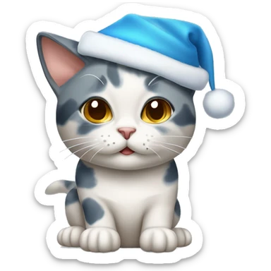 dilute calico cat with a blue x mas hat sticker