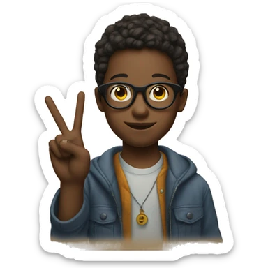portrait of a boy with glasses holding up a peace sign with his fingers sticker