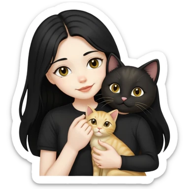 pale girl  with dark eyes and long black hair wearing black shirt kissing light gold cat holding smiling cat sticker