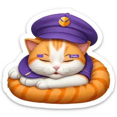 emoji of sleeping cat, its pose is lying, it has on his head FedEx uniform cap sticker