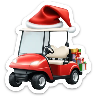 White golf cart with Santa hat, presents and lights on tip sticker