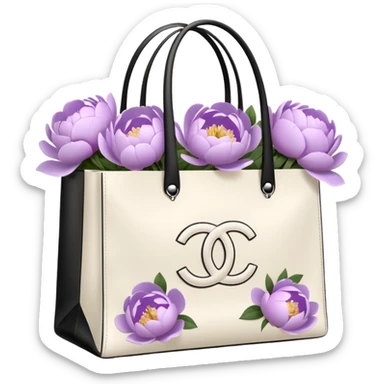 Realistic white chanel shopping bag with lilac peonies in it sticker